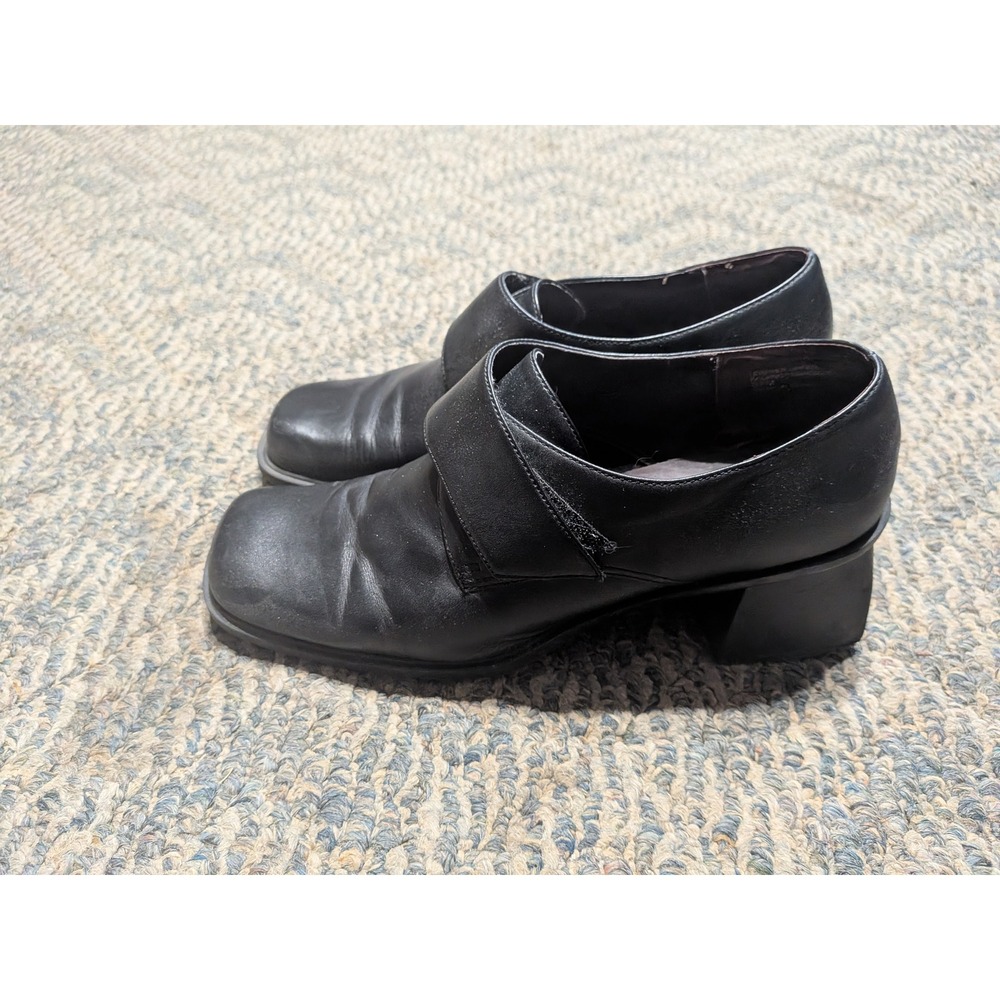 Dockers Black Leather Square Toe Block Heel Loafers Hook Loop Strap Womens 9.5 M